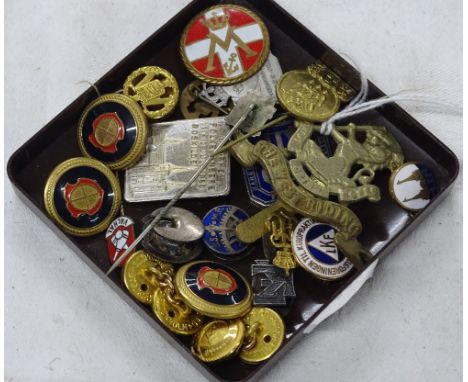 West Riding cap badge, assorted enamel badges, cufflinks, etc.