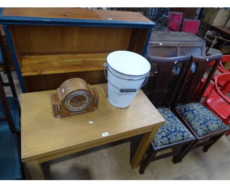 A pair of mahogany side chairs, oak bureau, pine bookcase and an oak kitchen table, 2 galvanised buckets and a mantel clock, 