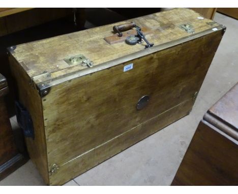 A brass framed pine carpenter's tool box with drawer fitted interior and quantity of wood working tools, length 2'9".