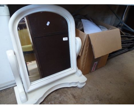 A white painted swing toilet mirror, and 4 pairs of various curtains.