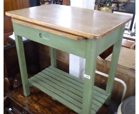 A painted kitchen side table, with slide and frieze drawer and shelf under, width 2'6".