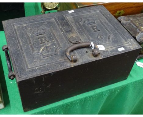 A cast-iron military strong box with Crown and Arrow motifs.