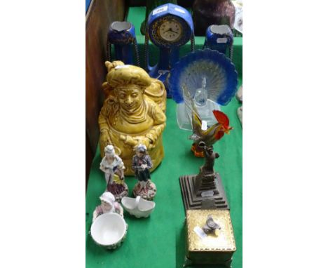 A clock garniture, glass birds, musical box, etc.