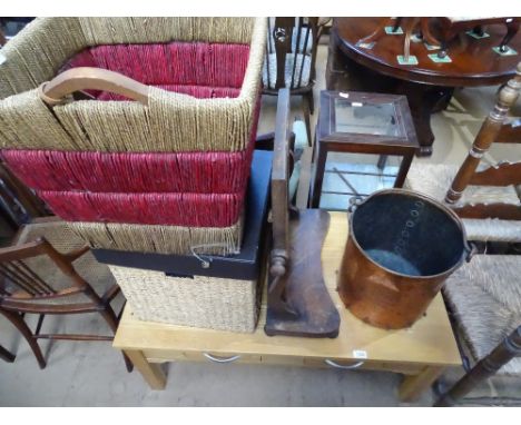 2 Harrods wicker baskets, swing toilet mirror and a copper coal bucket.
