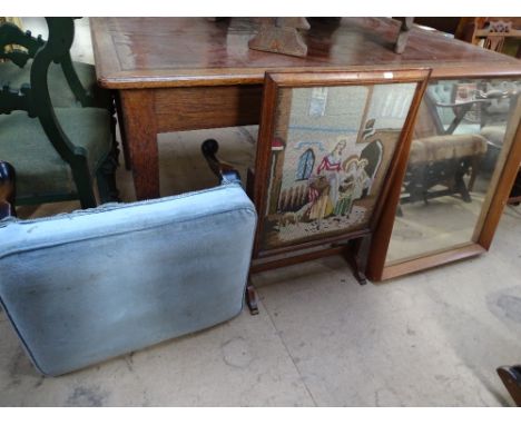 An upholstered footstool, mirror, firescreen, (3).