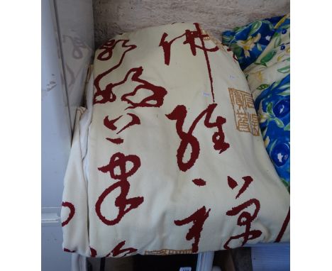 Pair of large cream and burgundy lined curtains.