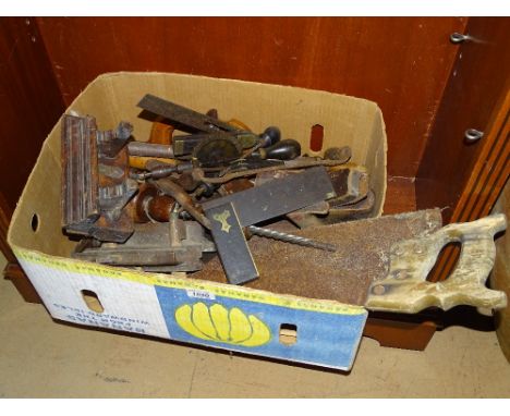 Box of various hand tools, planes, squares, etc.