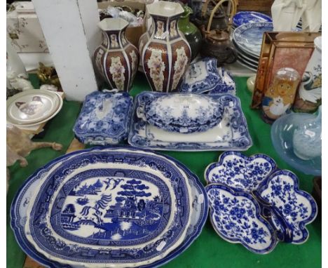 Vases, blue and white Staffordshire meat plates, etc.