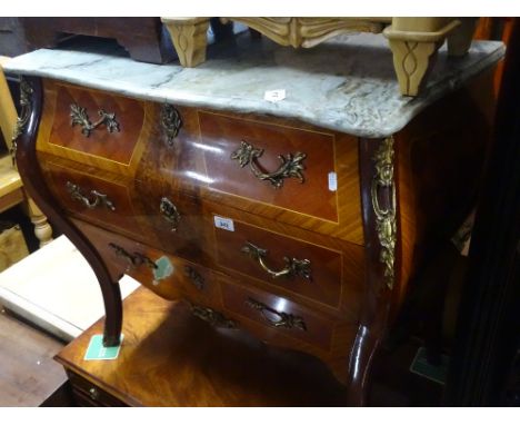 A French walnut and Kingwood bombe 3-drawer commode, with shaped marble top and ormolu mounts, width 2'8", height 2'6".