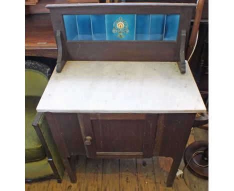 A Mahogany white marble top and blue tile back washstand