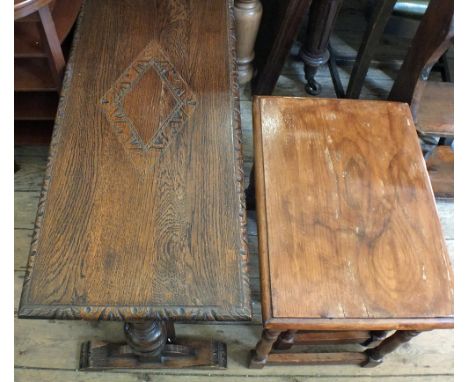 A rectangular Oak coffee table, a nest of three tables, an oval shelved stand, a Walnut coffee table and a tapestry top magaz