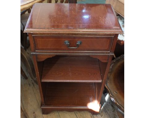 A reproduction Mahogany bedside cabinet with a shelf and a Mahogany standard lamp