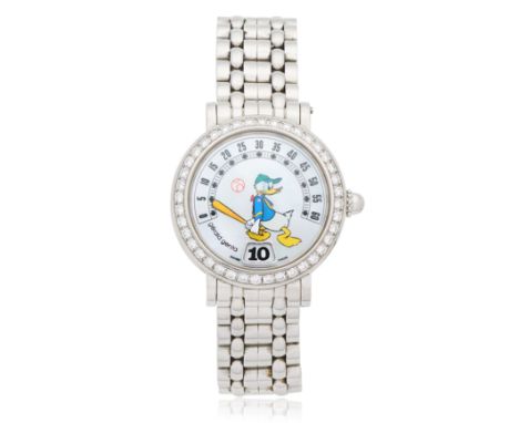 Gerald Genta. A stainless steel diamond set automatic jump hour bracelet watch with Donald Duck retrograde minutes and mother