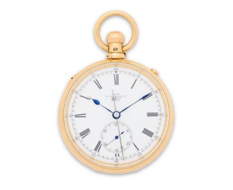 Dent, 33 Cockspur Street, London. An 18K gold keyless wind open face split second chronograph pocket watchDate: London Hallma