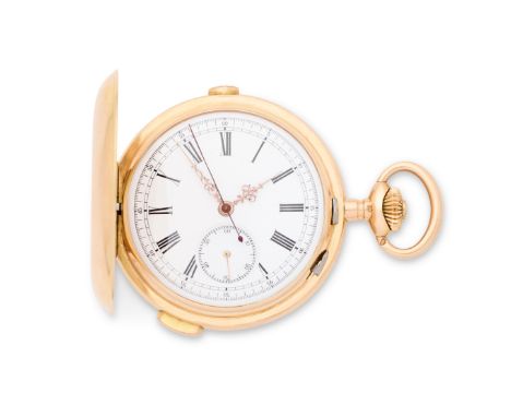 A 14K gold keyless wind quarter repeating full hunter chronograph pocket watchDate: Circa 1915Movement: Swiss lever, cut and 