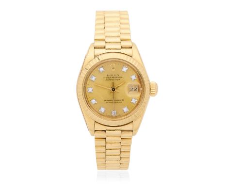 Rolex. A lady's 18K gold diamond set automatic calendar bracelet watchModel: DatejustReference: 6917Date: Circa 1981Movement: