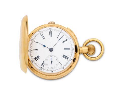 An 18K gold keyless wind quarter repeating full hunter chronograph pocket watchDate: Circa 1910Movement: Swiss lever, cut and