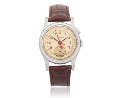 Longines. A rare and unusual stainless steel manual wind single button flyback chronograph wristwatch with pulsations dialMod