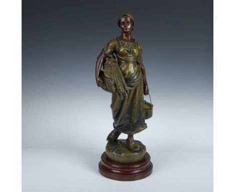 Large original bronze sculpture of a dignified peasant girl walking back from the fields with ears of wheat in one arm and a 