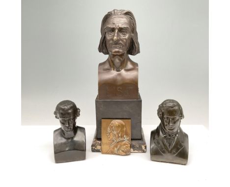 Lot includes bronze bust of Liszt on marble base by A. Fellinger 10.5", brass face form plaque of Liszt 2.5", bronze bust of 