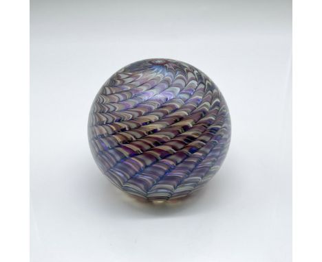 Iridescent purple, pink and white swirl orb. Orient &amp; Flume stickered and carved marking on the underside. Issued: 1979Di