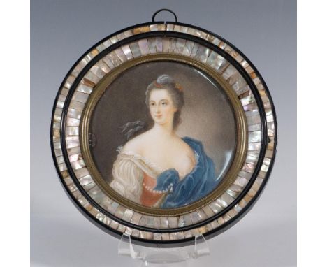 Antique hand-painted gouache miniature of an 18th century noblewoman wearing pearls and with one breast exposed in the guise 