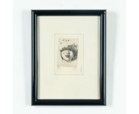 Miniature etching on laid paper featuring the portrait of a woman who has a small feather on one cheek and where a flight of 