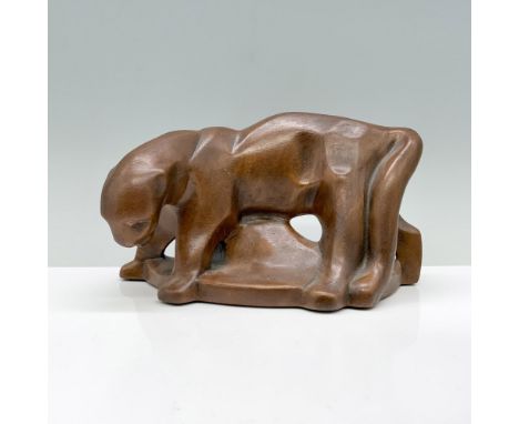 A graceful brown ceramic figurine depicting a panther, elegantly bowing its head while standing on all fours. Marked Frankoma