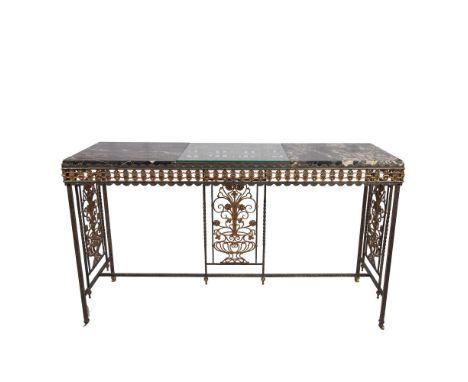 Elegant French Art Deco wrought iron and bronze accents console table with a top that features two marble pieces on each side