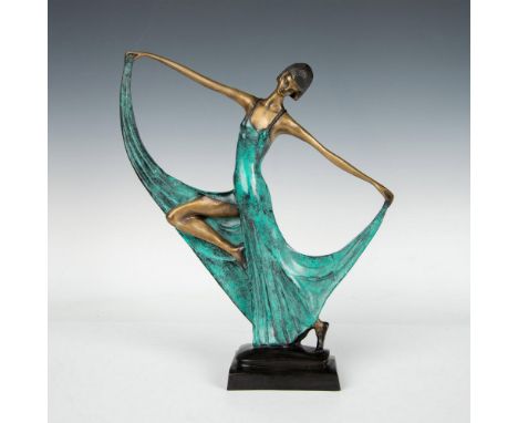 This impressive sculpture showcases a brass Art Deco Dancer Statue with a bronze finish, exuding elegance with its sleek desi