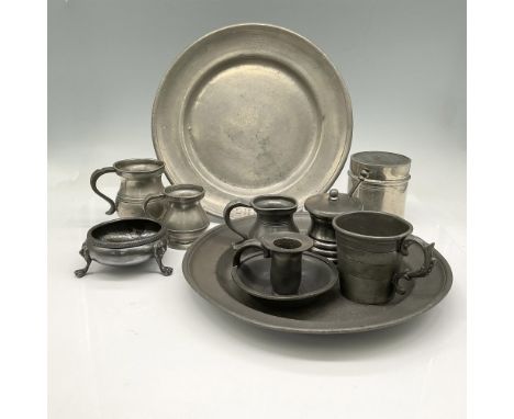 Lot includes 2 round plates, 3 small tankards, honey bowl, cup, candlestick holder, sifter and footed salt cellar. England im
