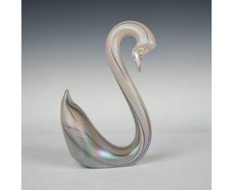 Hand-blown iridescent art glass sculpture in the shape of an elegant swan, decorated with an opal hue and adorned with an iri