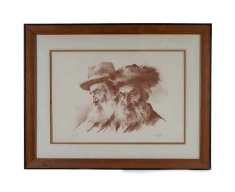 Large original black &amp; white lithograph on paper entitled Talmudists by Israeli-American artist Itshak Holtz. Signature i