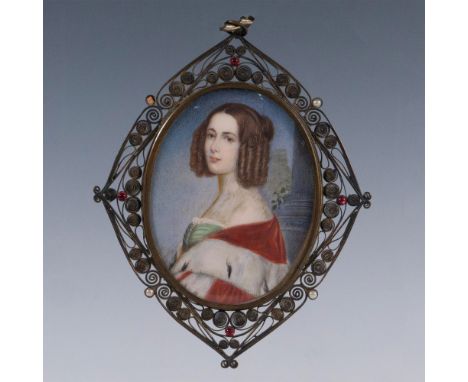 Antique hand-painted portrait miniature of a noble lady wearing royal ermine fur and set in a Neo-Classical outdoor space pai