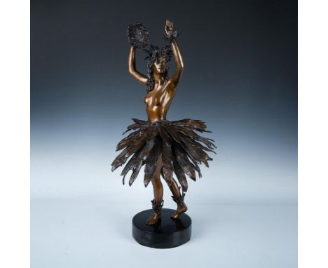 This stunning statue portrays a dancer in graceful motion, adorned with a leaf skirt and traditional headgear, her arms raise