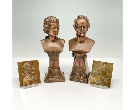 Lot includes copper coated bronze bust of Mozart with his violin on base and Goethe with his playwright tools of mask and jou