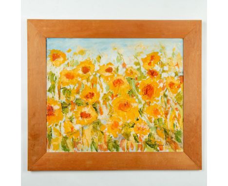 Beautiful oil on canvas by Polish artist Giza Kwiecien who paints Summer Flowers as an abstracted microcosm with glorious col
