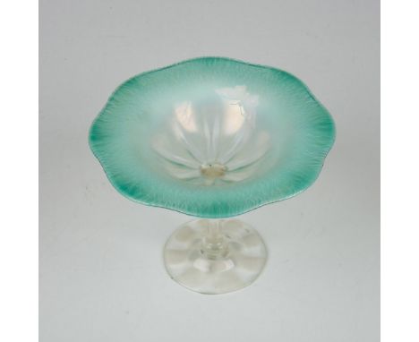 Rarely offered iridescent aquamarine Favrile art glass footed compote stand by American artist and designer Louis Comfort Tif