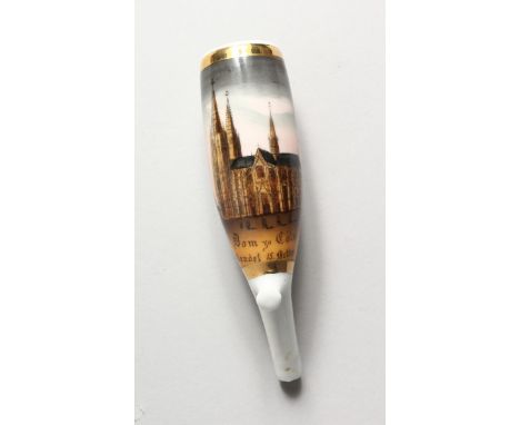 A 19TH CENTURY CONTINENTAL PORCELAIN PIPE, POSSIBLY BERLIN, painted Dom zu Coln, 4.5 inches long.