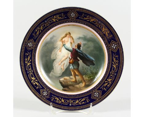 A GOOD VIENNA CIRCULAR PLATE, blue and gilt, the centre portrait 'Des Yarlicht' Vienna beehive mark in blue, 9.5 ins.