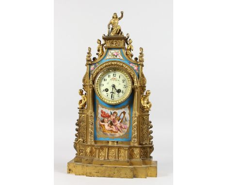 A GOOD LOUIS XVI GILT METAL AND SEVRES MANTLE CLOCK with Serves panels, cupids and flowers, the case with figures, scrolls an