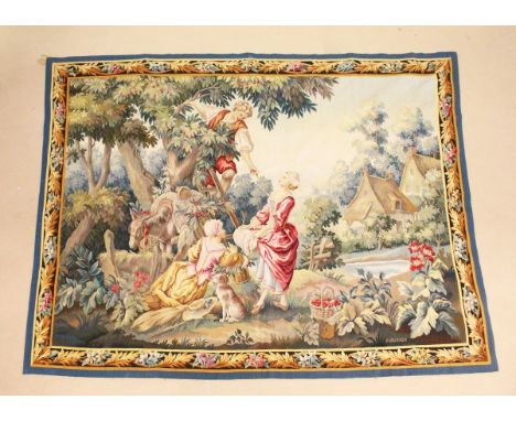 A GOOD AUBUSSON TAPESTRY  WALL HANGING, depicting a romantic scene of three figures gathering cherries from a tree, a dog by 