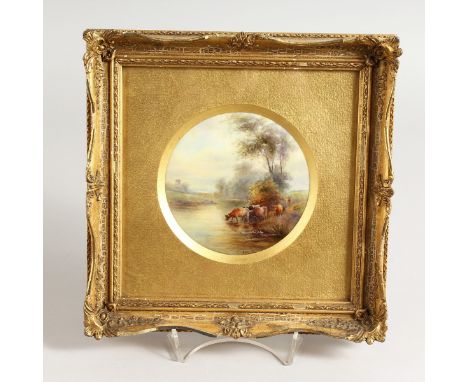 A GOOD JAMES STINTON ROYAL WORCESTER CIRCULAR PLAQUE Cattle Beside the River. Signed. 4.5ins diameter, in a gilt frame.