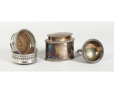 AN OVAL CADDY AND COVER, WINE STRAINER AND PAIR OF WINE COASTERS (4)