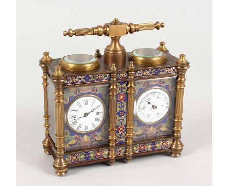A MINIATURE CLOISONNE ENAMEL DOUBLE CARRIAGE CLOCK 4.5 ins wide.