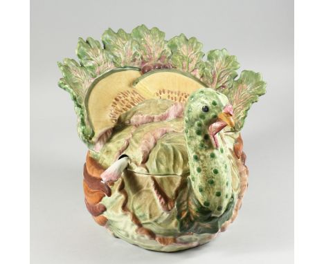 A TURKEY POTTERY TUREEN, COVER AND LADLE, 11 ins.high.`