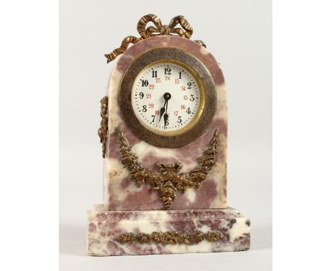 A SMALL VEINED MARBLE CLOCK with ormolu mount. 6.5ins high.