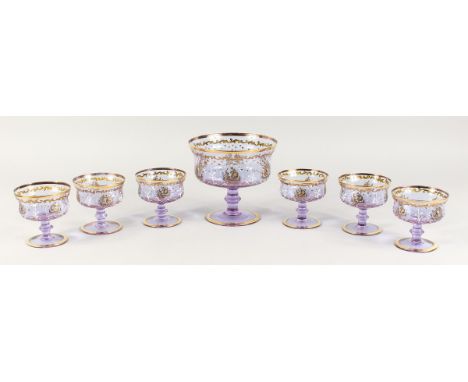 A GOOD CONTINENTAL NEODYMIUM GLASS ICE CREAM SET with gilt and enamel decoration, comprising pedestal bowl and six glasses. T