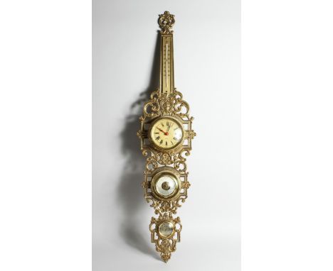 A FOUR DIAL CLOCK BAROMETER in a gilded  frame, 31.5 ins long