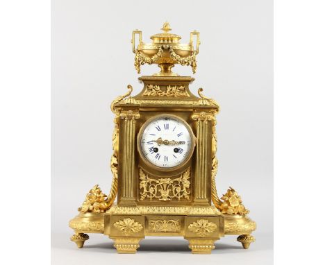 A VERY GOOD LOUIS XVI GILT ORMOLU MANTLE CLOCK, with white enamel dial, blue and white Roman numerals, Paris maker, the case 